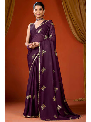 Elegant Purple Organza Chiffon Silk Saree with Delicate Embellishment - Image 1