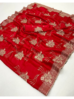 Majestic Celebration Red Satin Saree With Elegant Floral Embroidery - Image 2