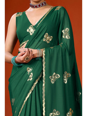 Elegant Green Organza Chiffon Silk Saree with Delicate Embellishment - Image 2