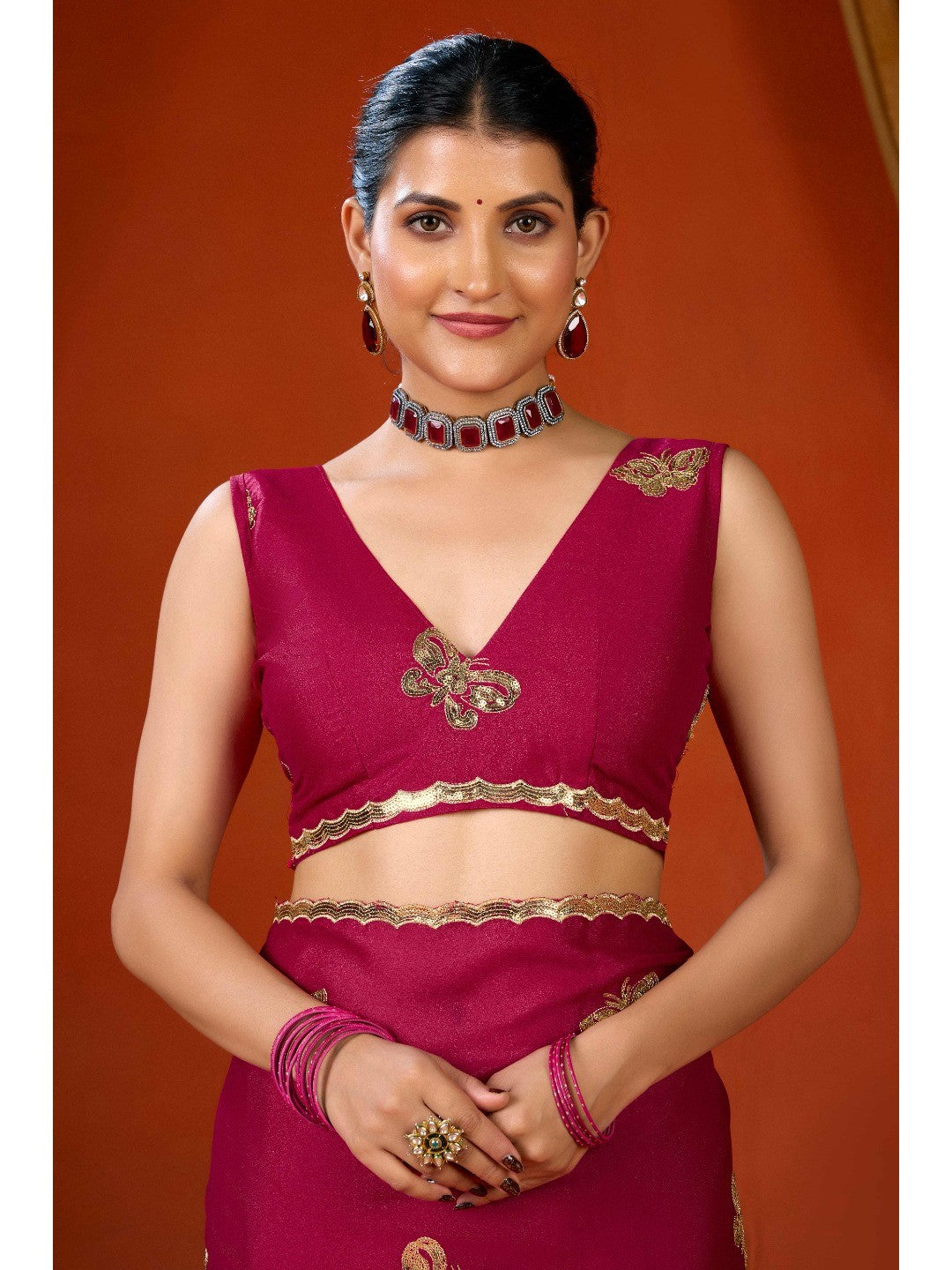 Elegant Magenta Organza Chiffon Silk Saree with Delicate Embellishment - Image 8
