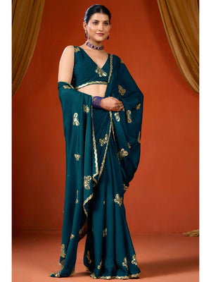 Elegant Teal Organza Chiffon Silk Saree with Delicate Embellishment - Image 1
