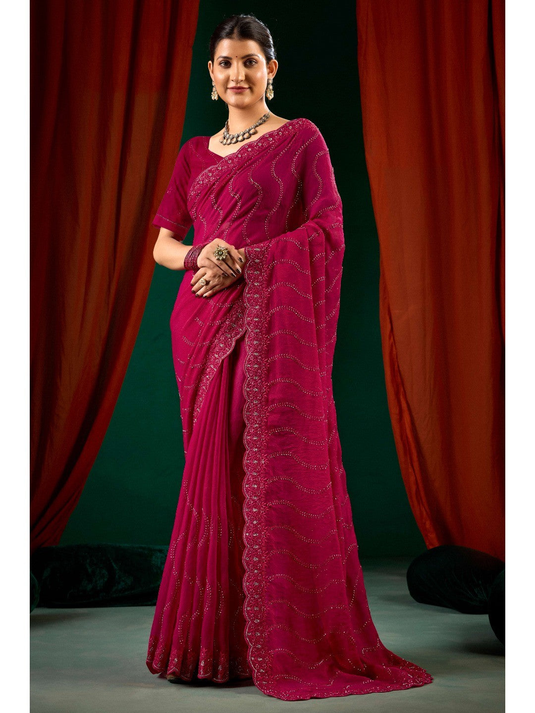 Graceful Pink Georgette Silk Saree with Delicate Embroidery - Image 1