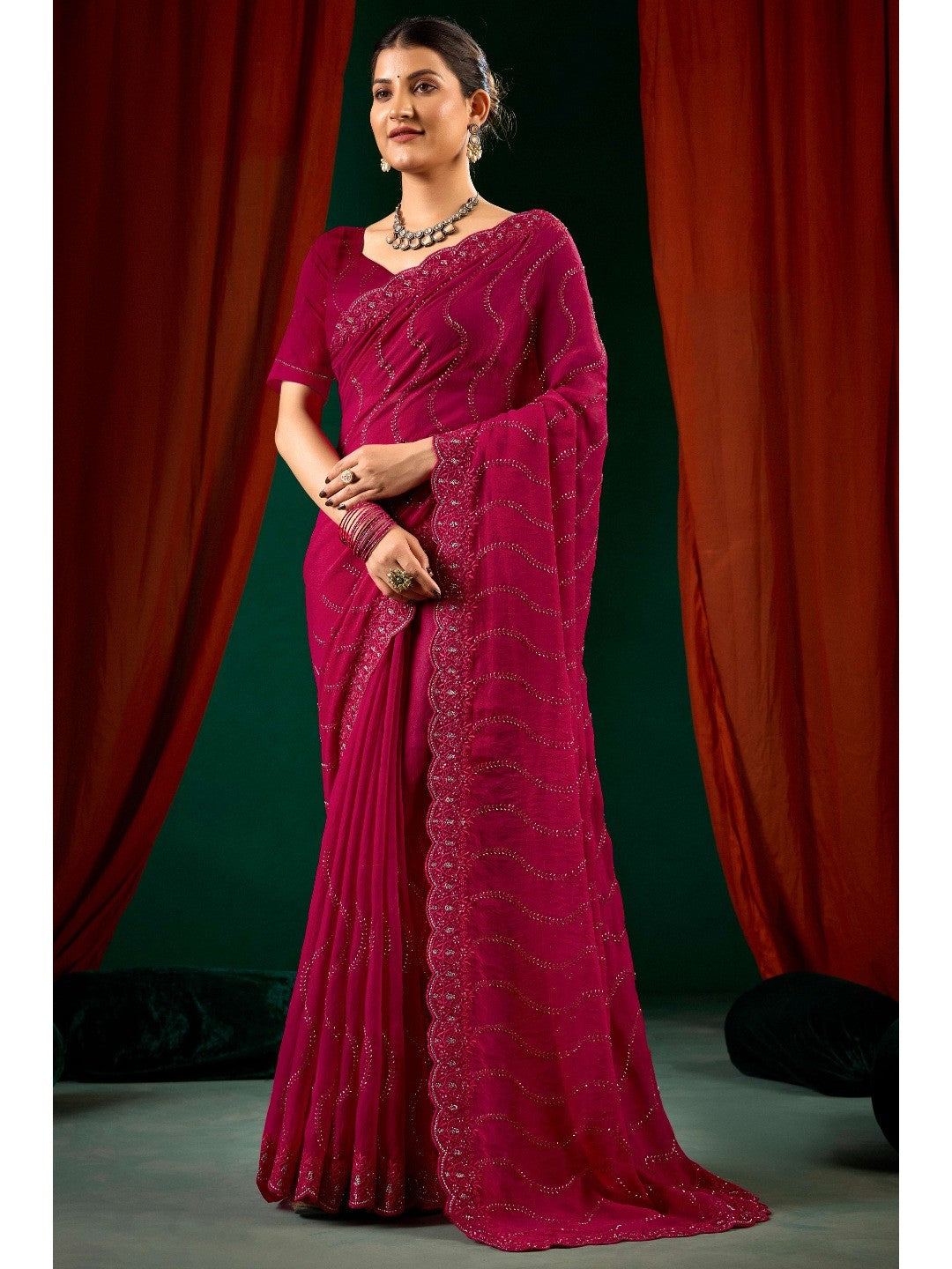 Graceful Pink Georgette Silk Saree with Delicate Embroidery - Image 6