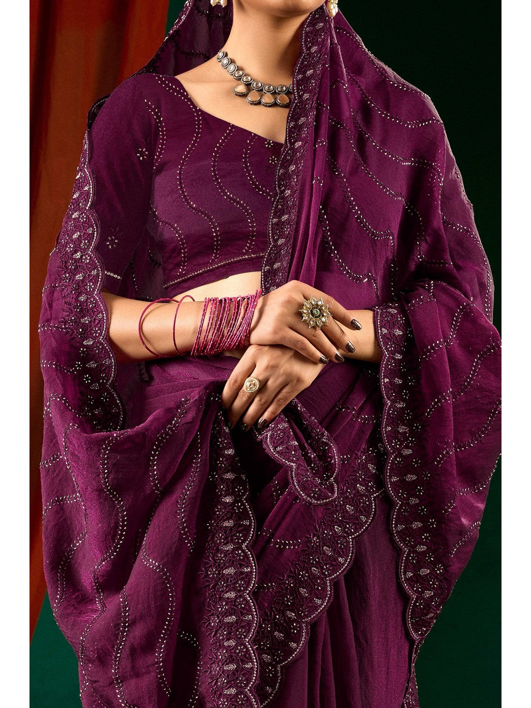 Graceful Purple Georgette Silk Saree with Delicate Embroidery - Image 2