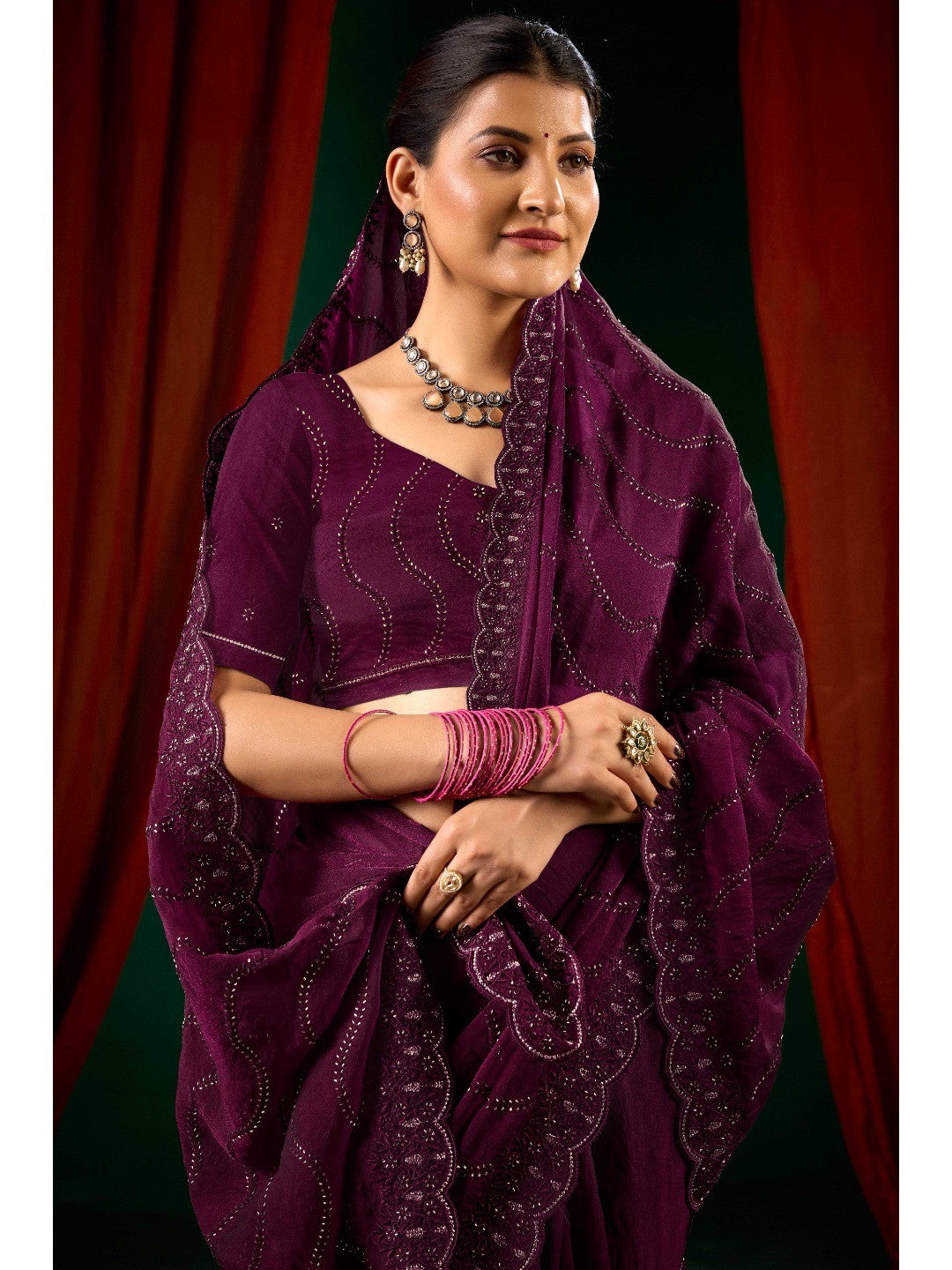 Graceful Purple Georgette Silk Saree with Delicate Embroidery - Image 6