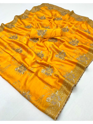 Majestic Celebration Mustard Satin Saree With Elegant Floral Embroidery - Image 2