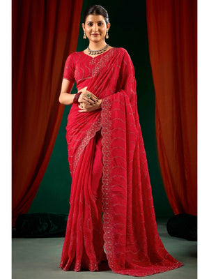 Graceful Red Georgette Silk Saree with Delicate Embroidery - Image 1