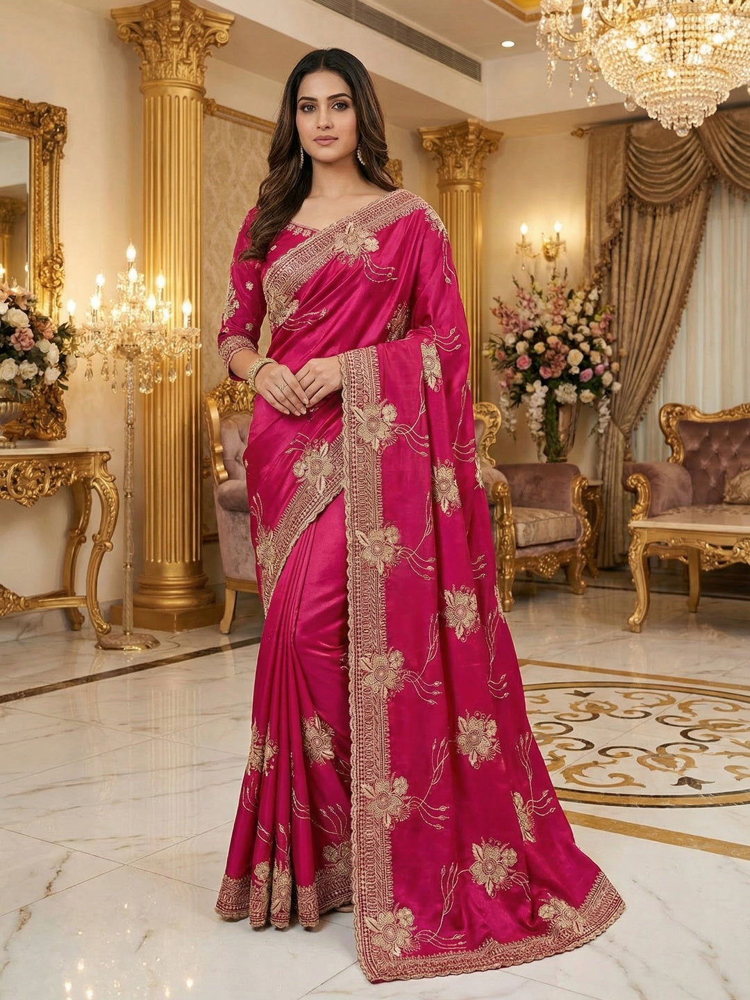 Majestic Celebration Pink Satin Saree With Elegant Floral Embroidery - Image 1