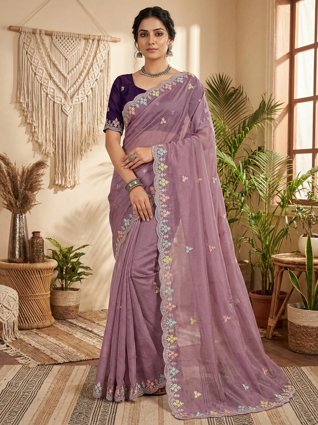 Opulent Mauve Floral Embroidered Crystal Tissue Saree Highlighted With Elegant Sequins Detailing - Image 1
