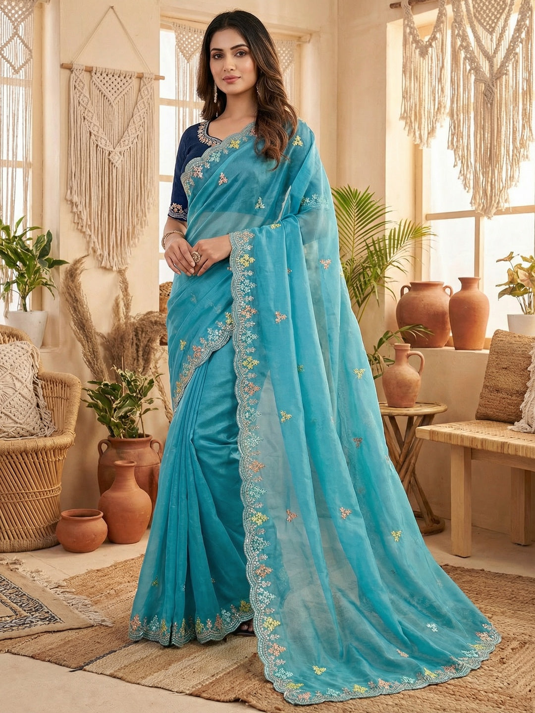 Elite Designer Blue Crystal Tissue Saree Showcasing Floral Embroidery & Sequins Detailing - Image 1