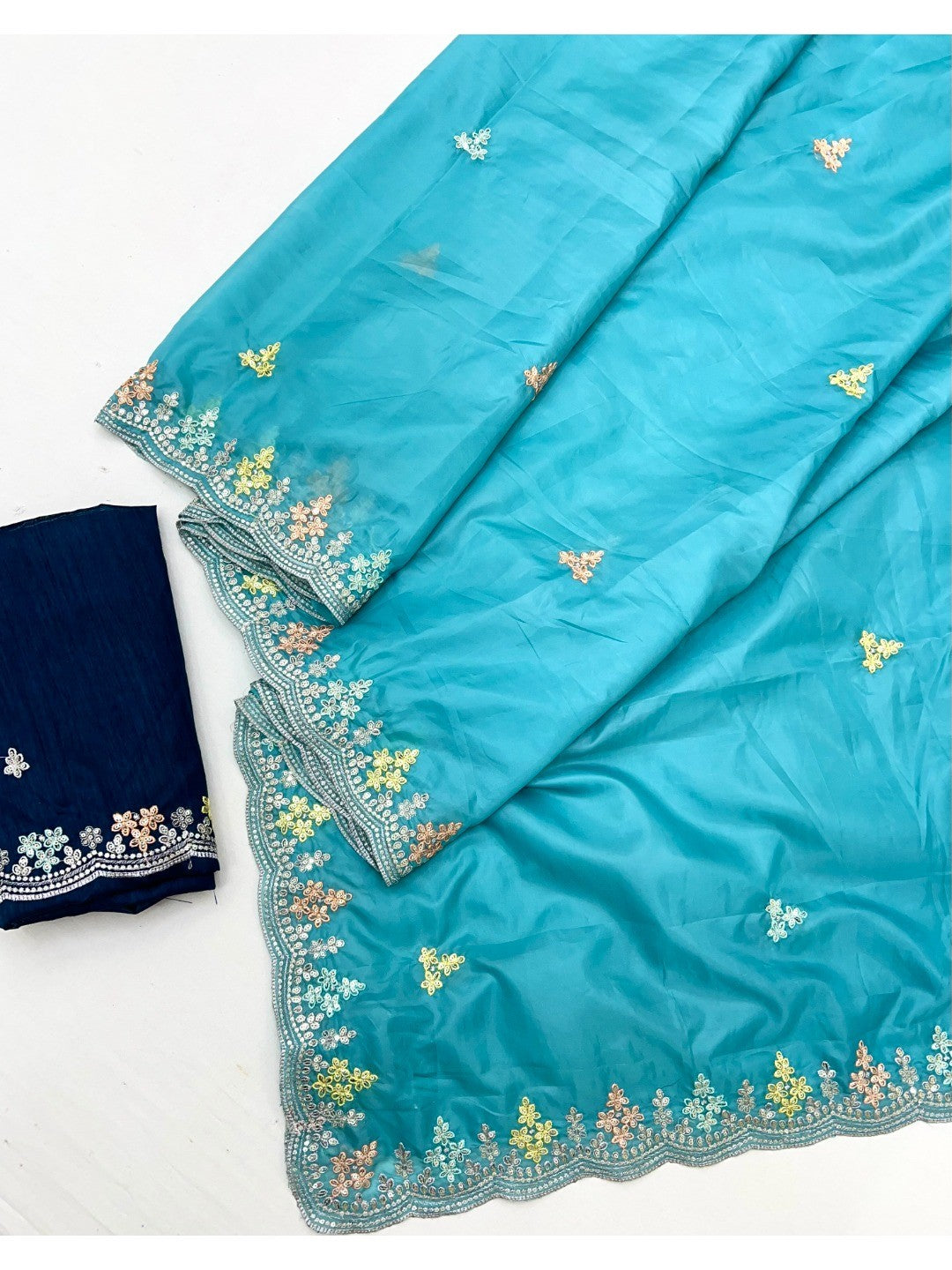 Elite Designer Blue Crystal Tissue Saree Showcasing Floral Embroidery & Sequins Detailing - Image 2