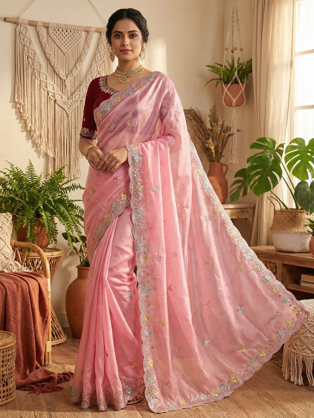 Opulent Pink Floral Embroidered Crystal Tissue Saree Highlighted With Elegant Sequins Detailing - Image 1
