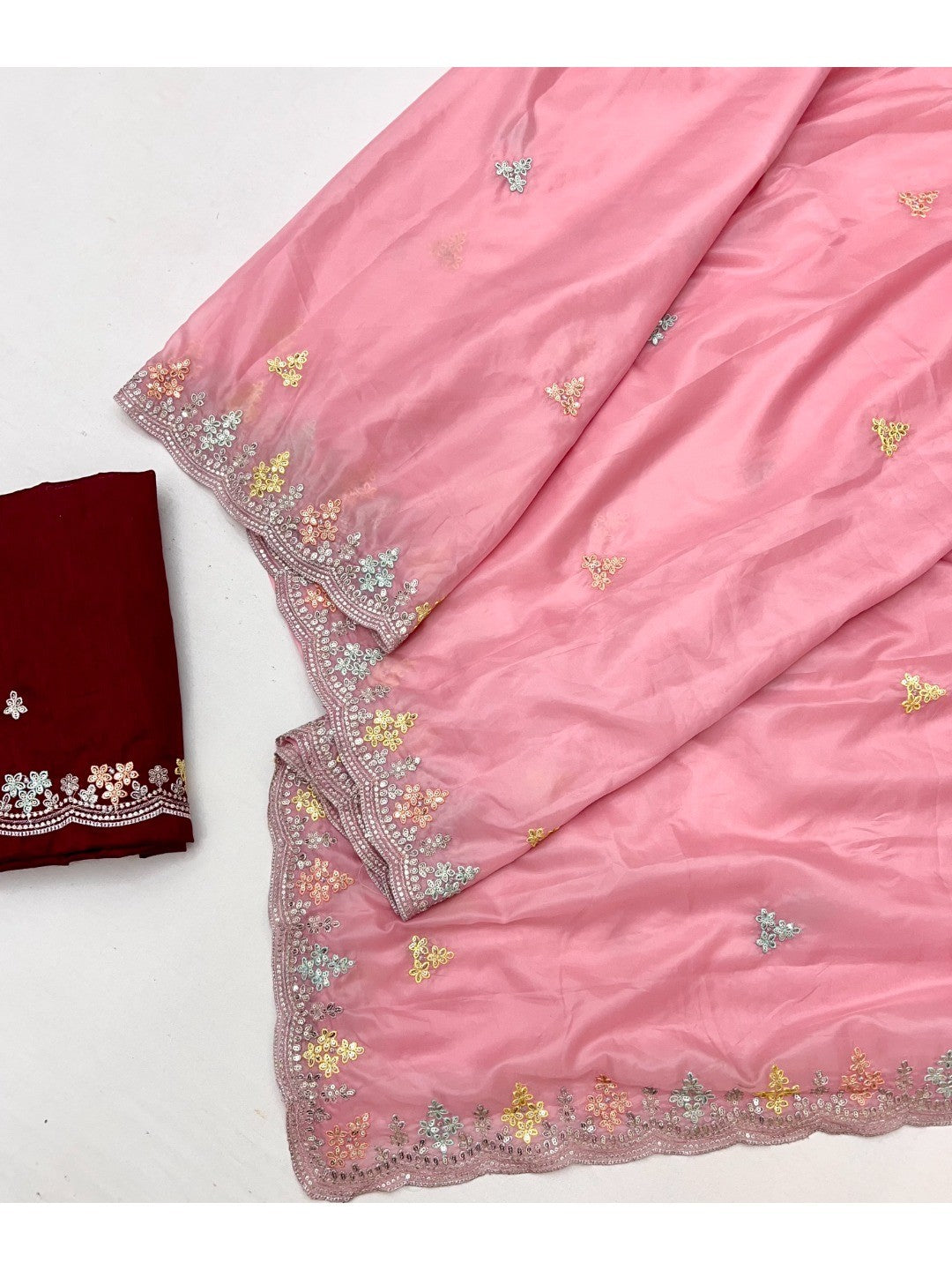 Opulent Pink Floral Embroidered Crystal Tissue Saree Highlighted With Elegant Sequins Detailing - Image 3