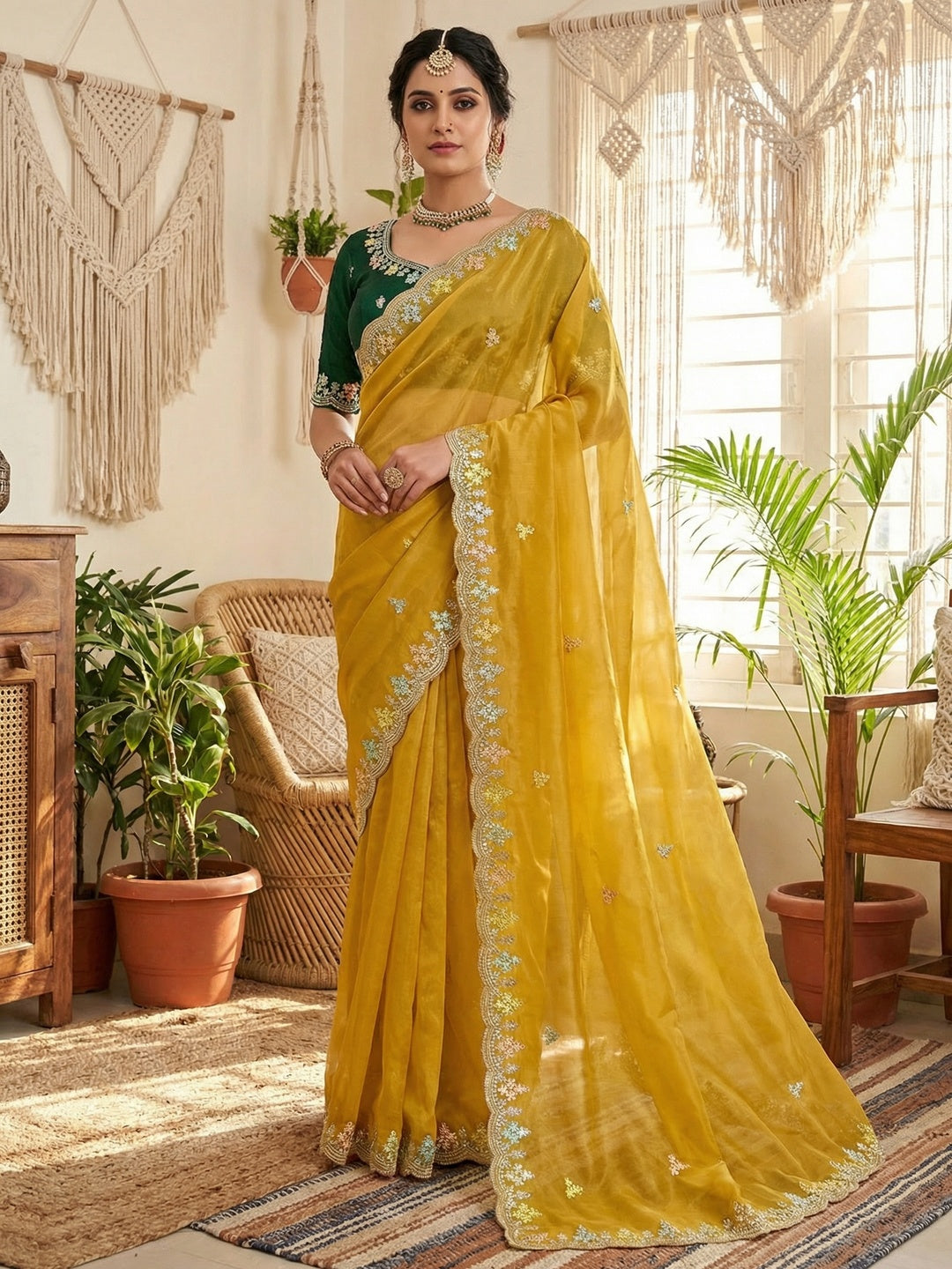 Opulent Mustard Floral Embroidered Crystal Tissue Saree Highlighted With Elegant Sequins Detailing - Image 1