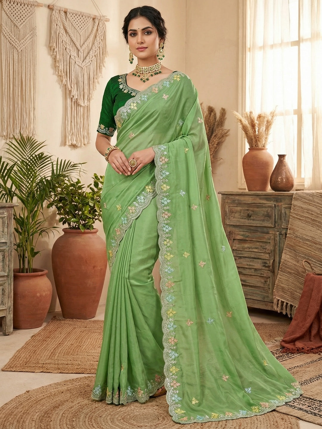 Opulent Green Floral Embroidered Crystal Tissue Saree Highlighted With Elegant Sequins Detailing - Image 1
