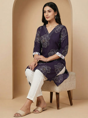 Purple Floral Printed Rayon Top and Bottom Set Featuring Soft Fabric and Straight Fit Silhouette - Image 2