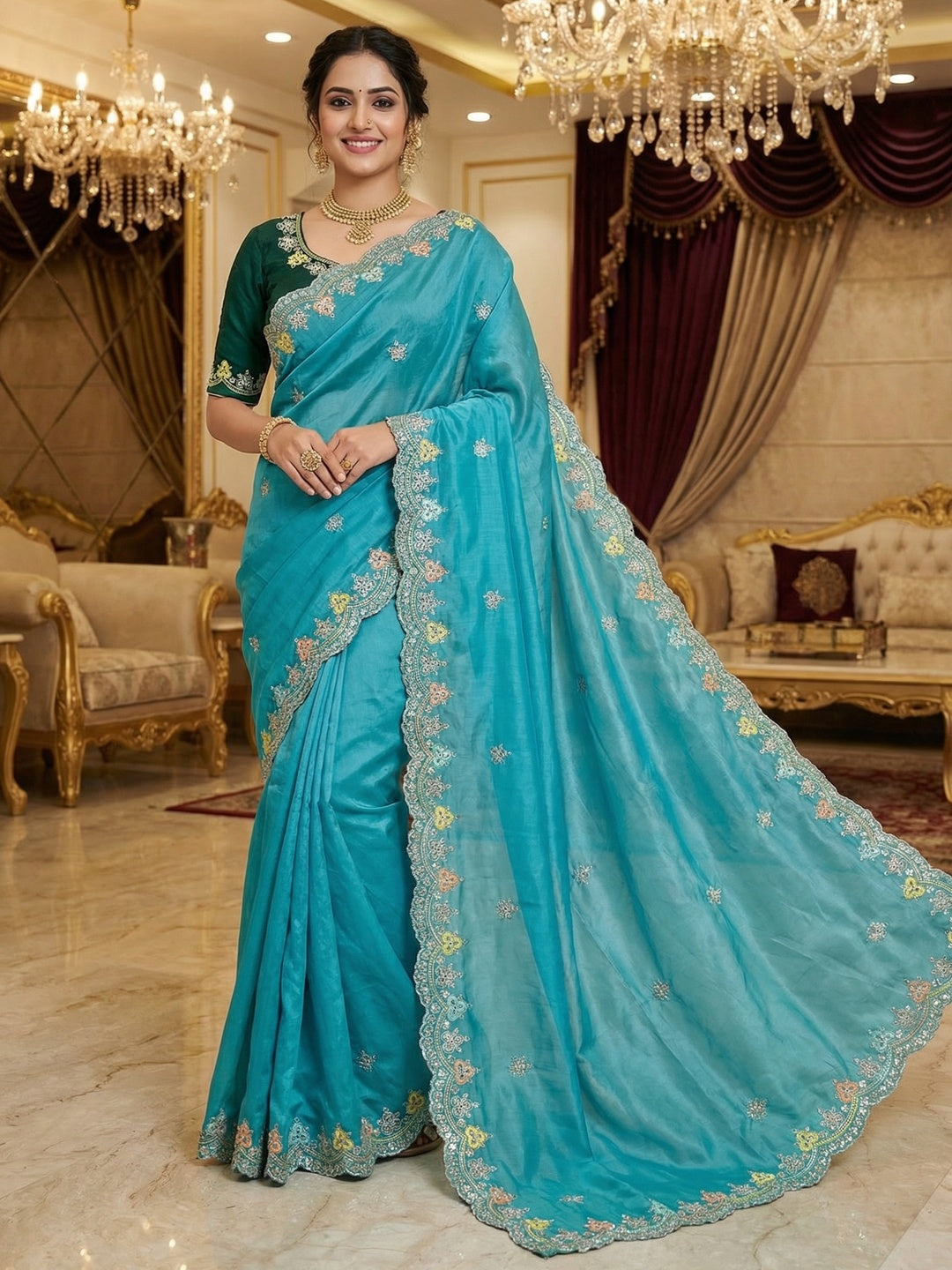 Elite Designer Blue Crystal Tissue Saree Showcasing Floral Embroidery & Sequins Detailing - Image 1