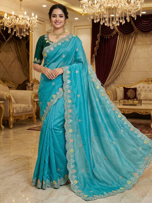 Elite Designer Blue Crystal Tissue Saree Showcasing Floral Embroidery & Sequins Detailing - Image 1