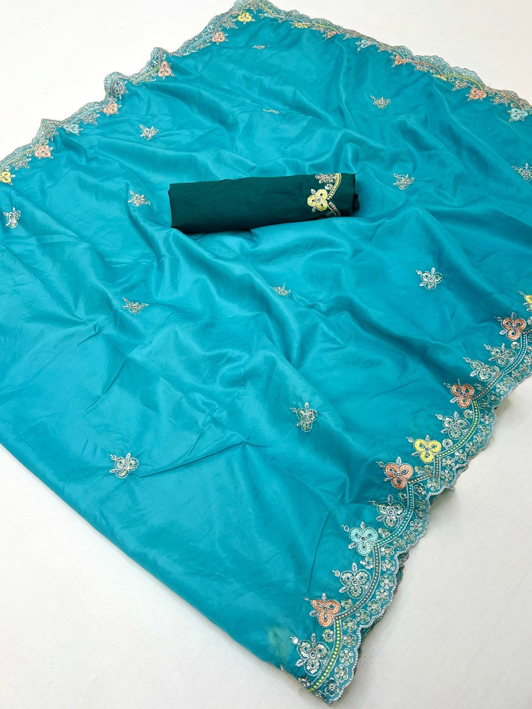 Elite Designer Blue Crystal Tissue Saree Showcasing Floral Embroidery & Sequins Detailing - Image 2