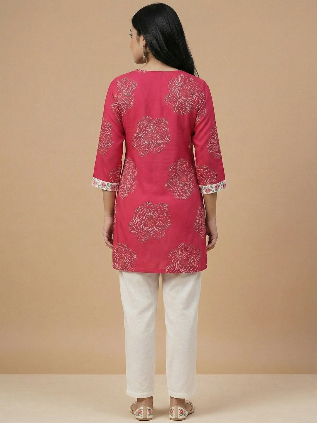 Pink Floral Printed Rayon Top and Bottom Set Featuring Soft Fabric and Straight Fit Silhouette - Image 3