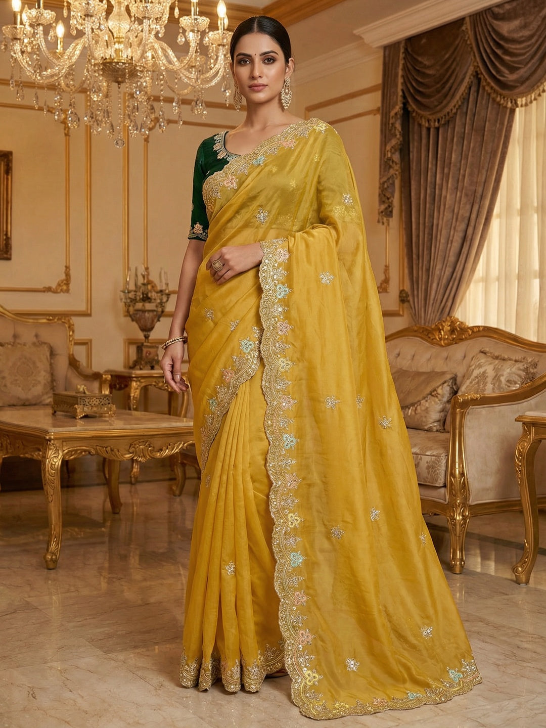 Elite Designer Mustard Crystal Tissue Saree Showcasing Floral Embroidery & Sequins Detailing - Image 1