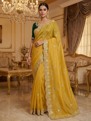 Elite Designer Mustard Crystal Tissue Saree Showcasing Floral Embroidery & Sequins Detailing - Image 1