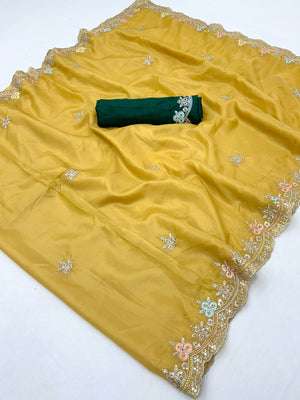 Elite Designer Mustard Crystal Tissue Saree Showcasing Floral Embroidery & Sequins Detailing - Image 2