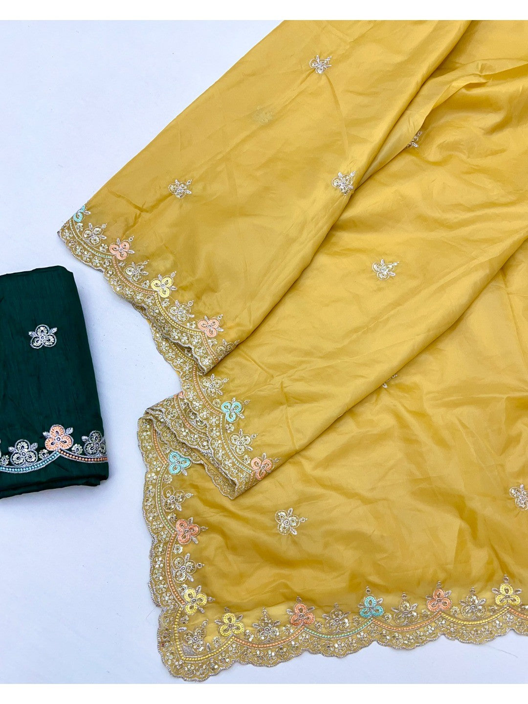 Elite Designer Mustard Crystal Tissue Saree Showcasing Floral Embroidery & Sequins Detailing - Image 3