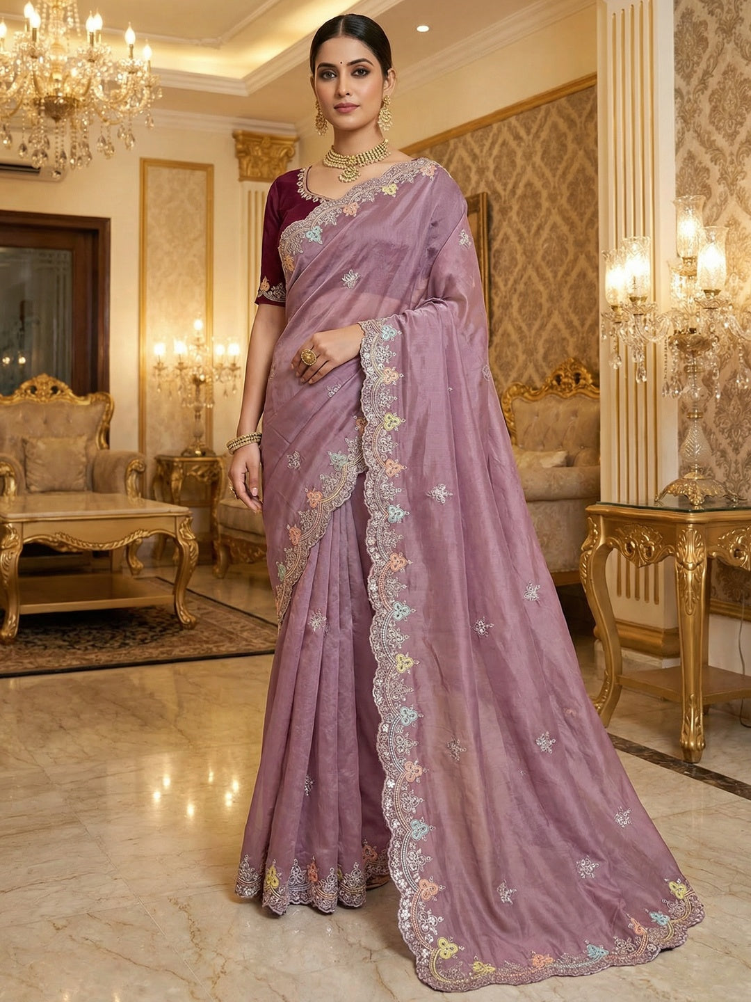Elite Designer Mauve Crystal Tissue Saree Showcasing Floral Embroidery & Sequins Detailing - Image 1
