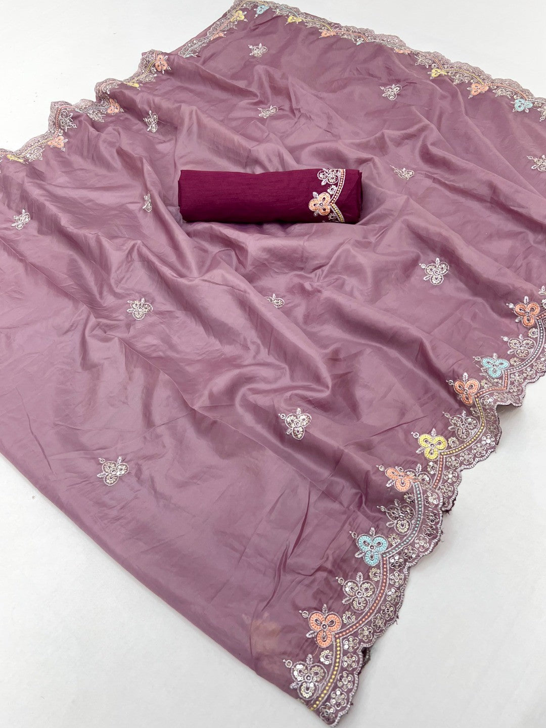 Elite Designer Mauve Crystal Tissue Saree Showcasing Floral Embroidery & Sequins Detailing - Image 2