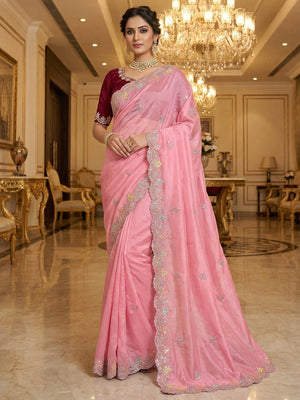 Elite Designer Pink Crystal Tissue Saree Showcasing Floral Embroidery & Sequins Detailing - Image 1
