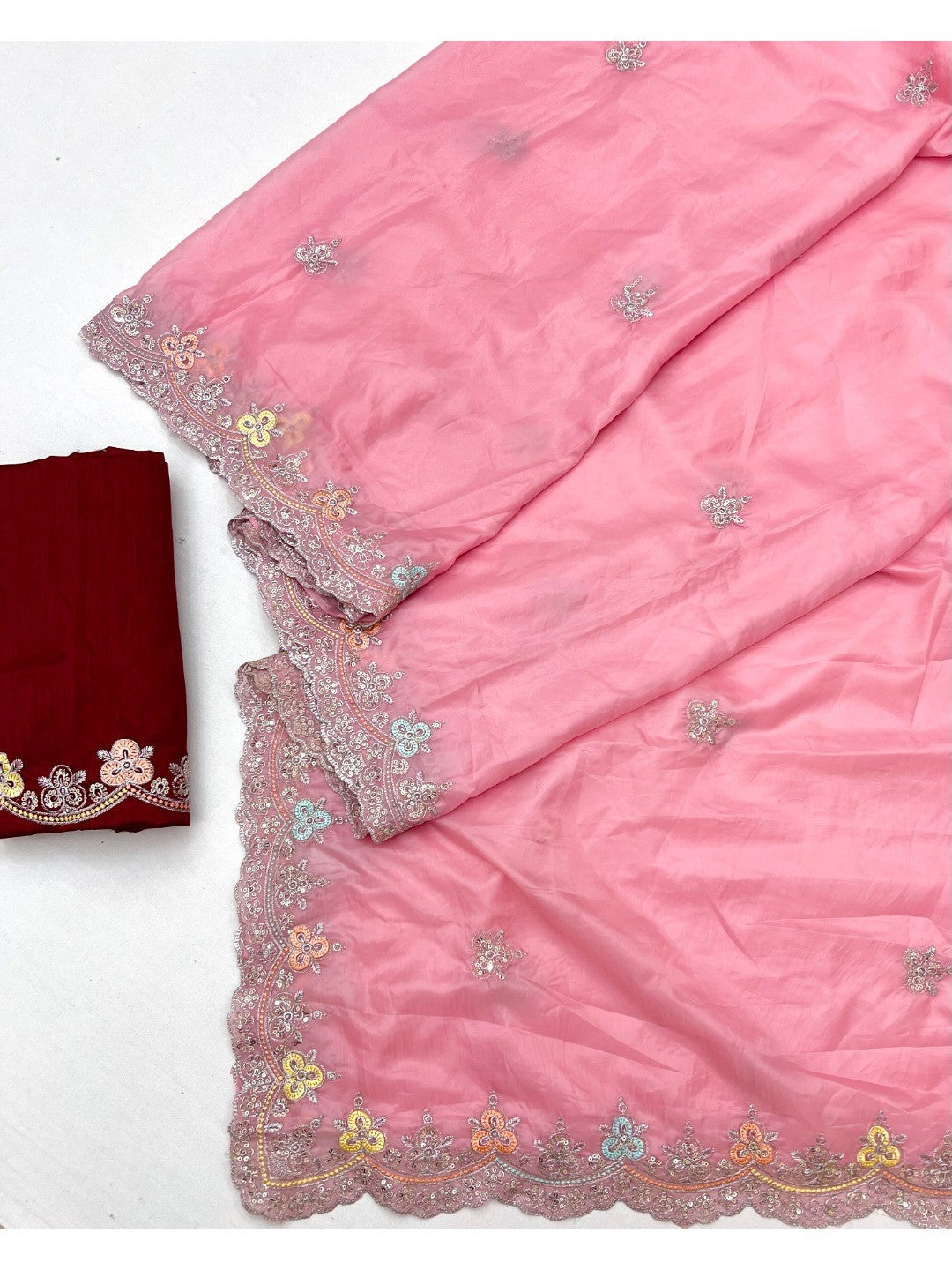 Elite Designer Pink Crystal Tissue Saree Showcasing Floral Embroidery & Sequins Detailing - Image 3