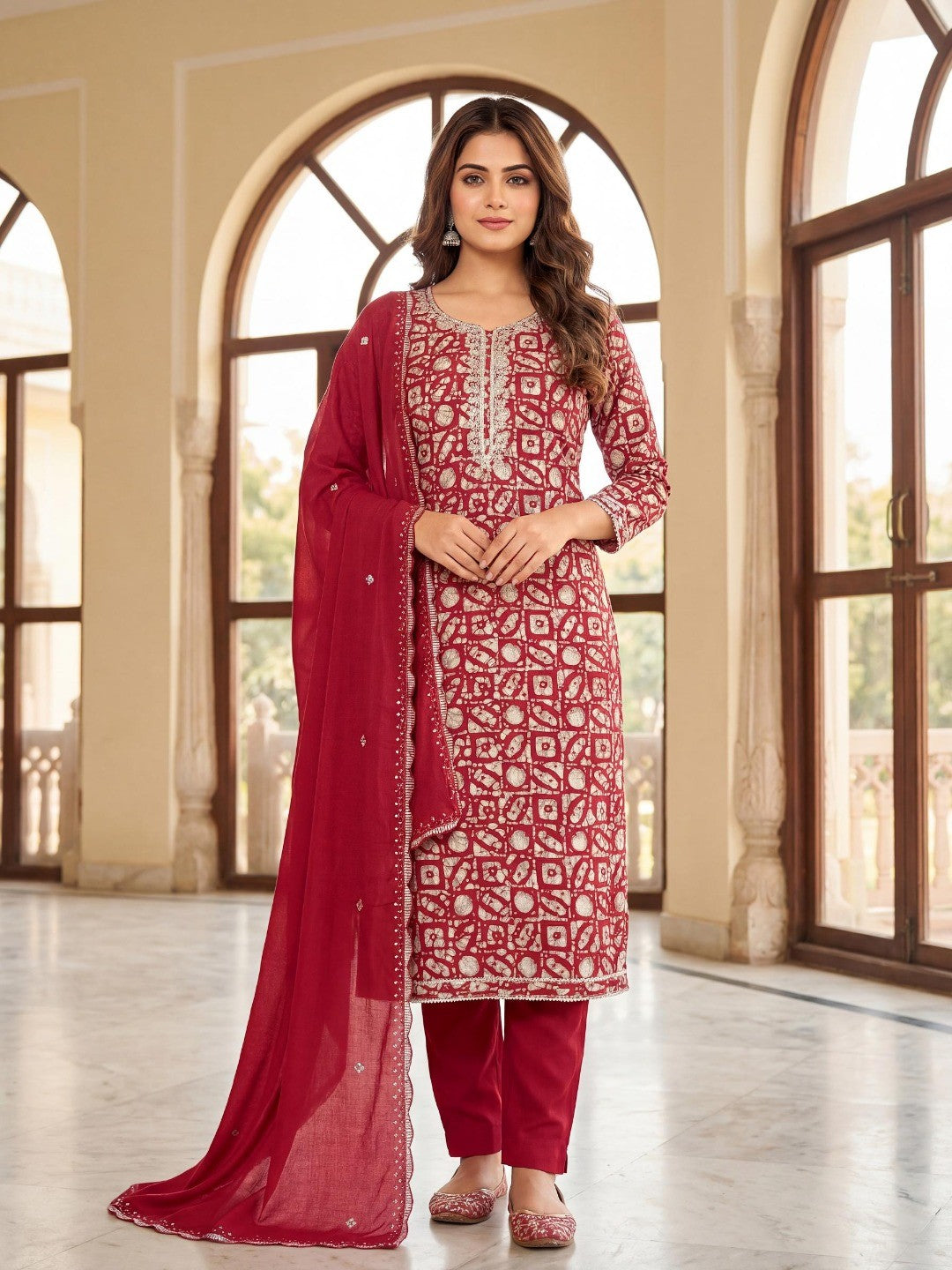 Maroon Abstract Printed Silk Blend Semi-Stitched Suit Set - Image 6