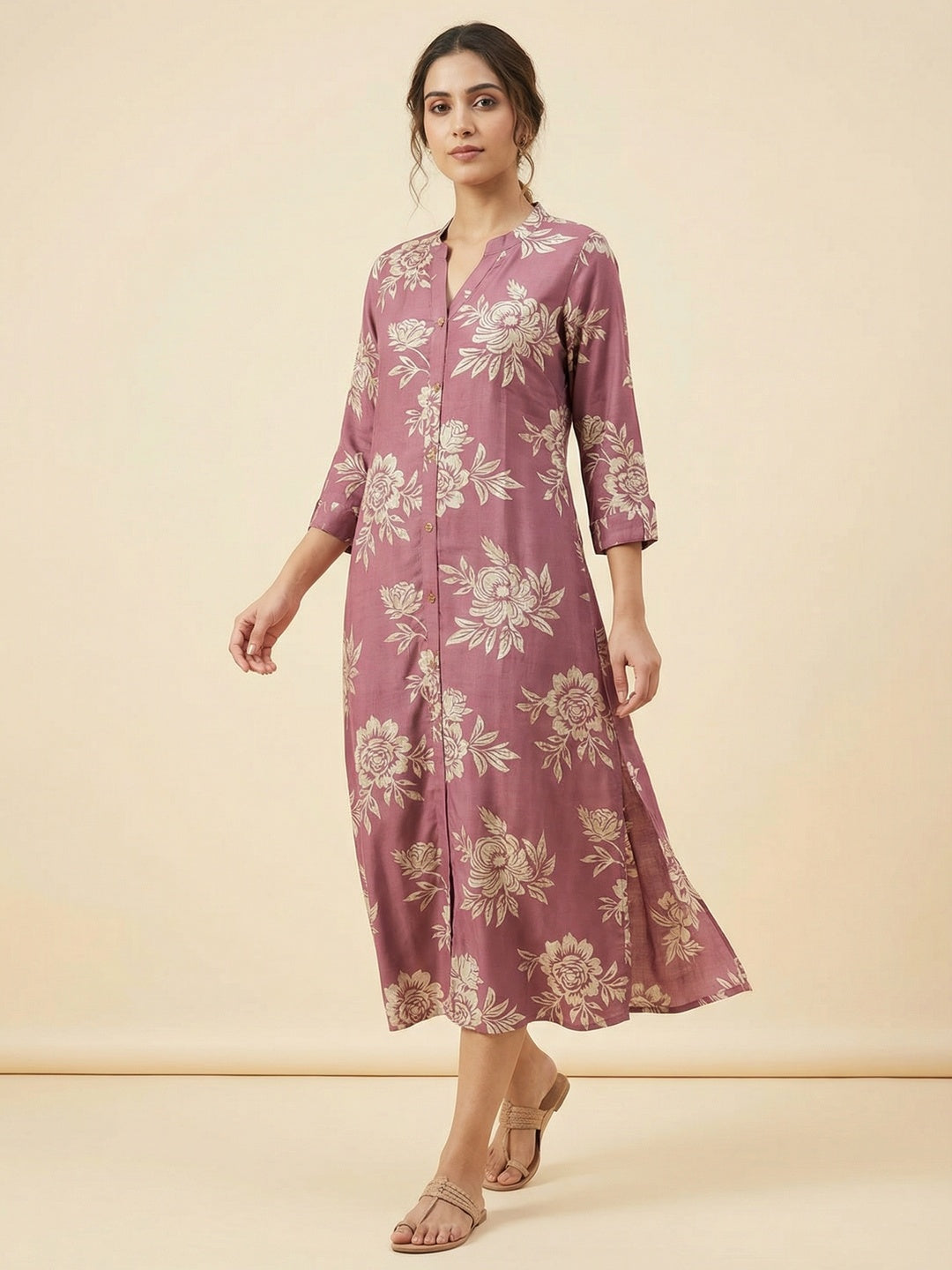 Dusty Pink Floral Printed Viscose A-Line Casual Dress with Comfortable Fit - Image 1