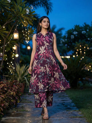 Elegant Purple Floral Printed Rayon A-Line Top Bottom Set - Image 1