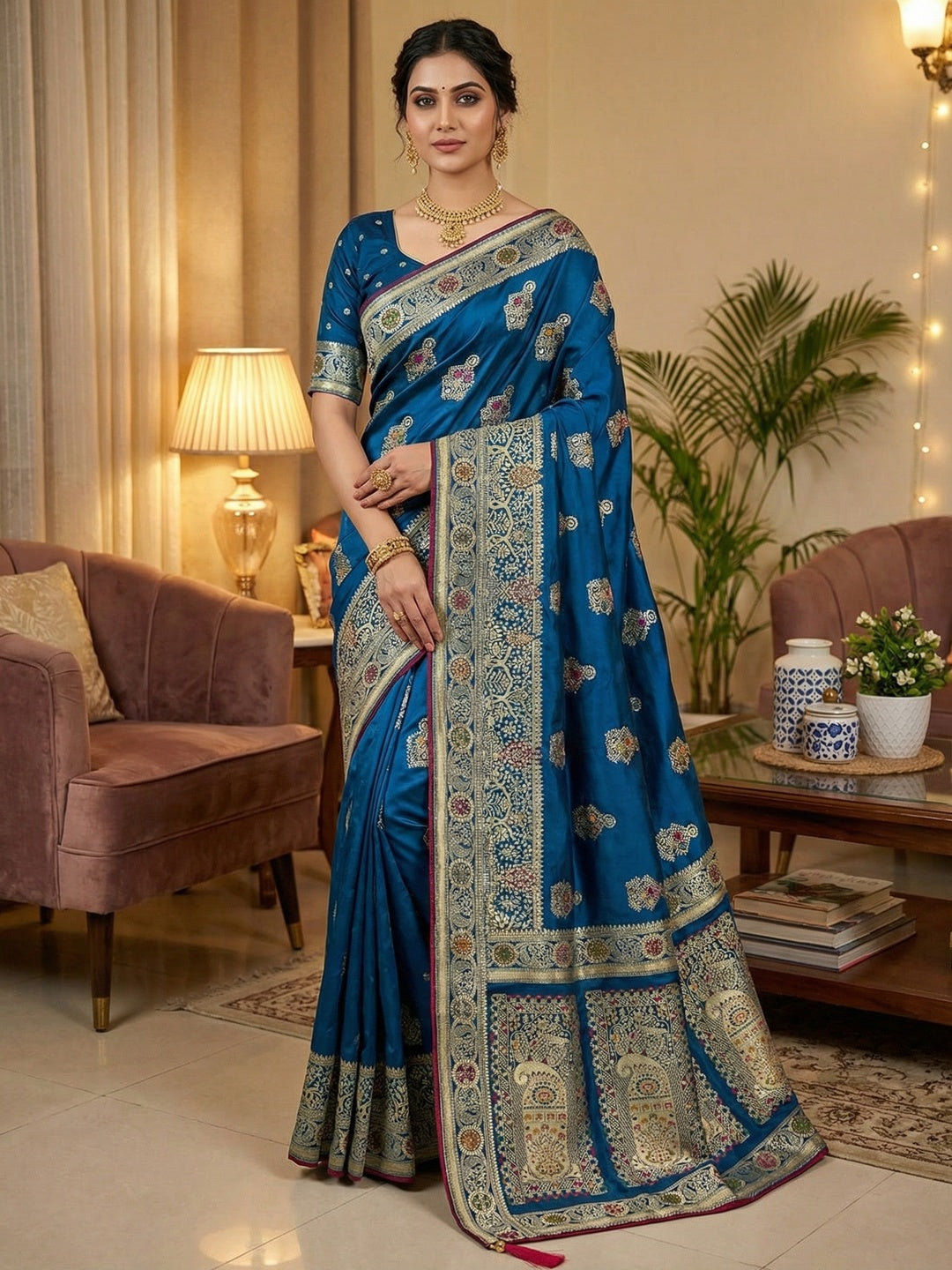 Classic Blue Satin Saree Enhanced By Fine Weaving Craft & Sophisticated Stone Work - Image 1