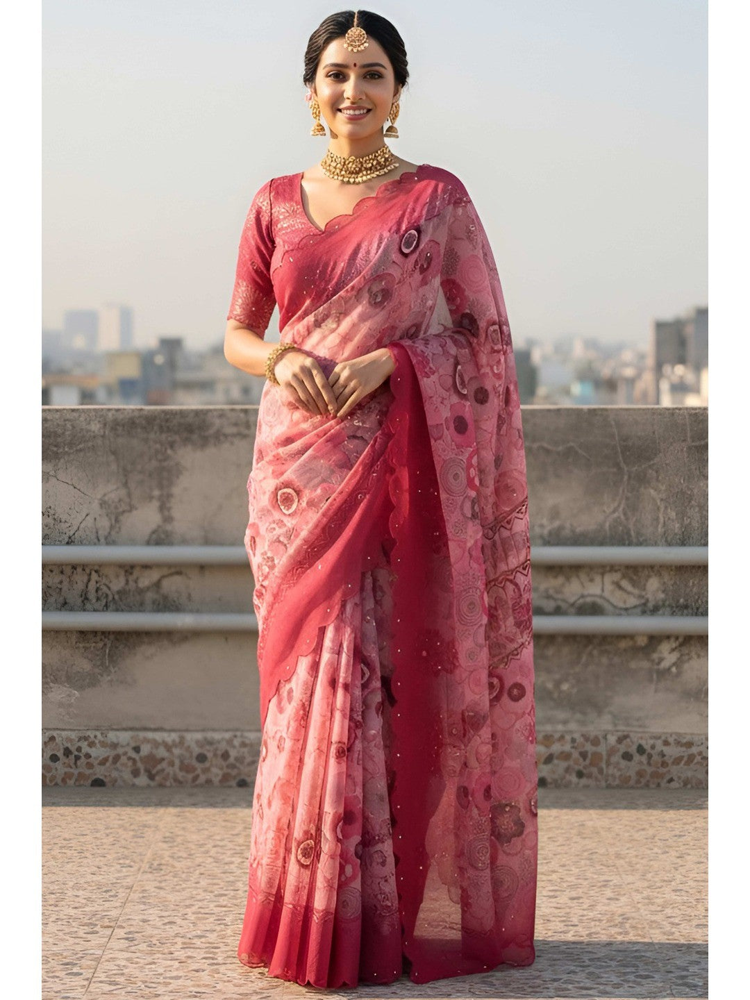 Peach Floral Embellished Shimmer Silk Party Wear Saree with Beads Work - Image 1