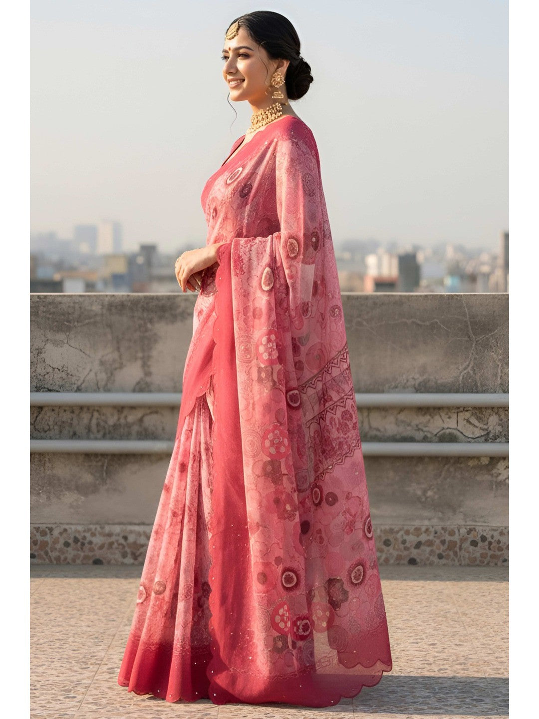 Peach Floral Embellished Shimmer Silk Party Wear Saree with Beads Work - Image 2