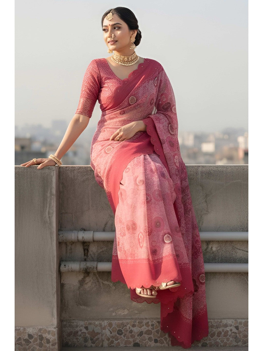 Peach Floral Embellished Shimmer Silk Party Wear Saree with Beads Work - Image 3