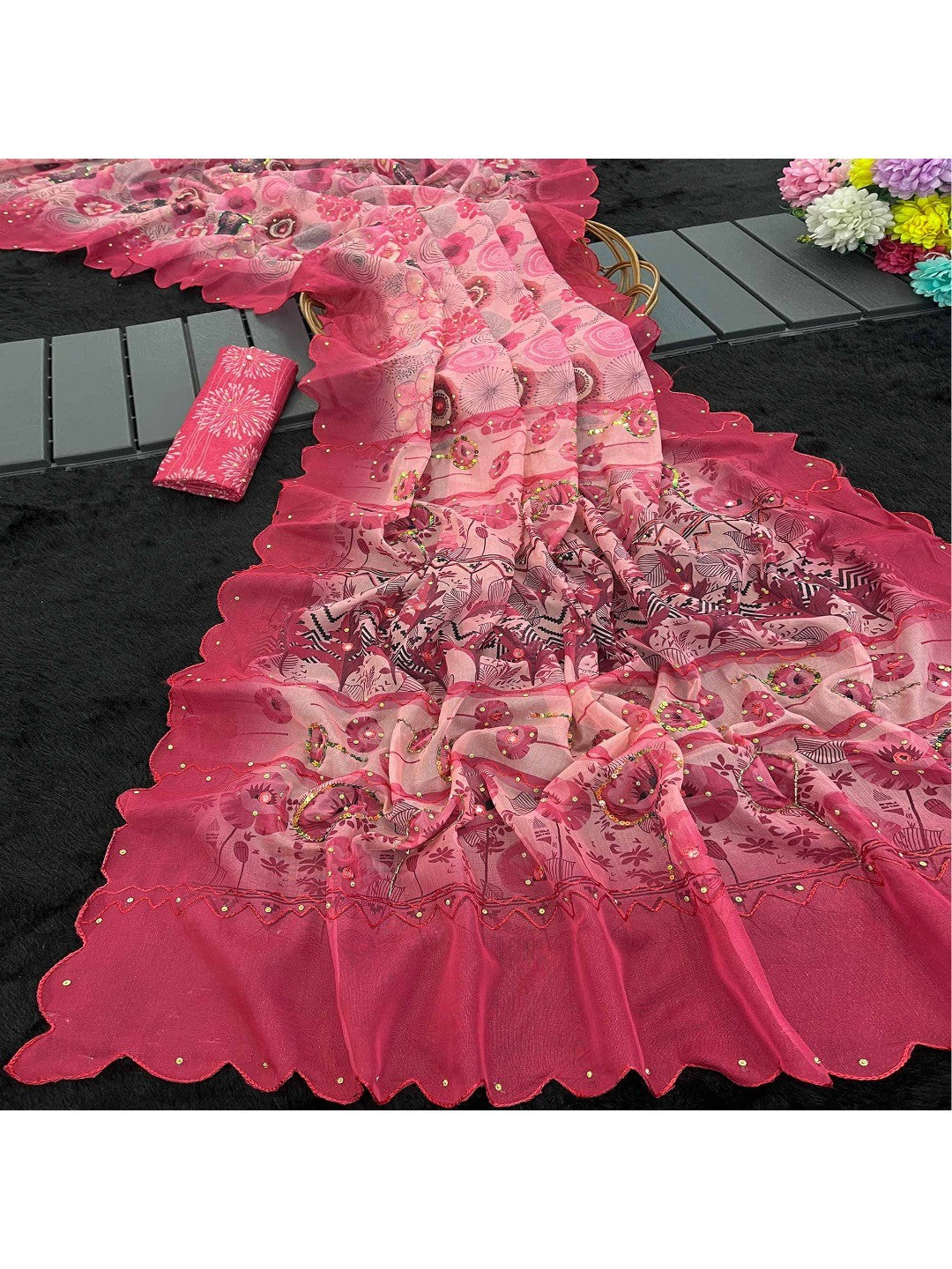 Peach Floral Embellished Shimmer Silk Party Wear Saree with Beads Work - Image 4