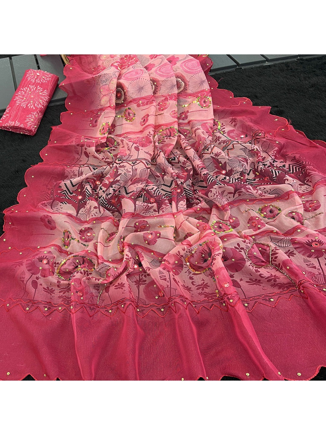 Peach Floral Embellished Shimmer Silk Party Wear Saree with Beads Work - Image 5