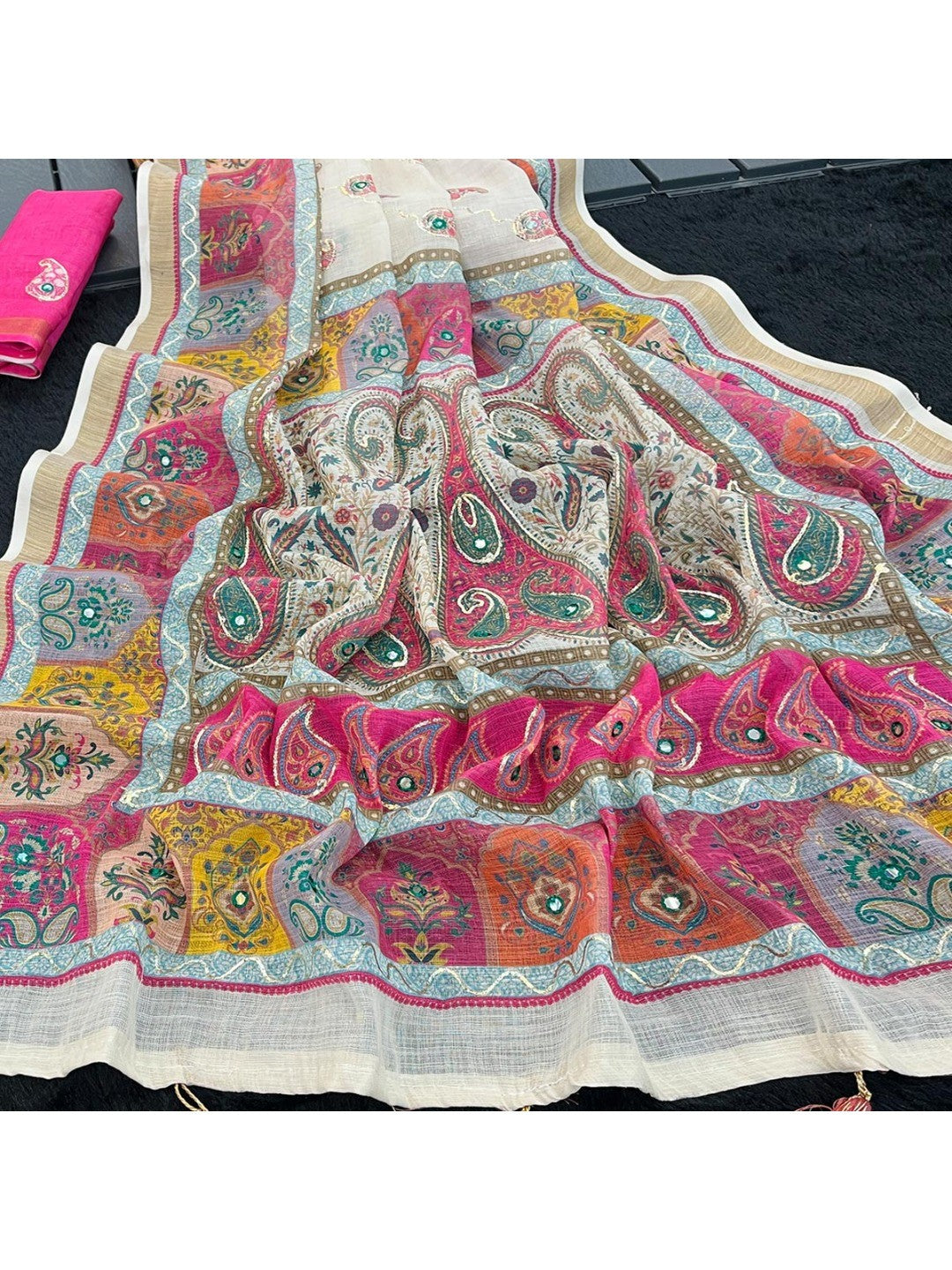 Offwhite Linen Saree Adorned with Paisley Prints and Elegant Embroidery Design - Image 3