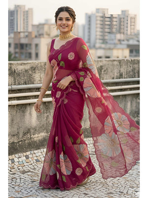 Wine Floral Embellished Organza Saree with Delicate Bead Handwork - Image 1