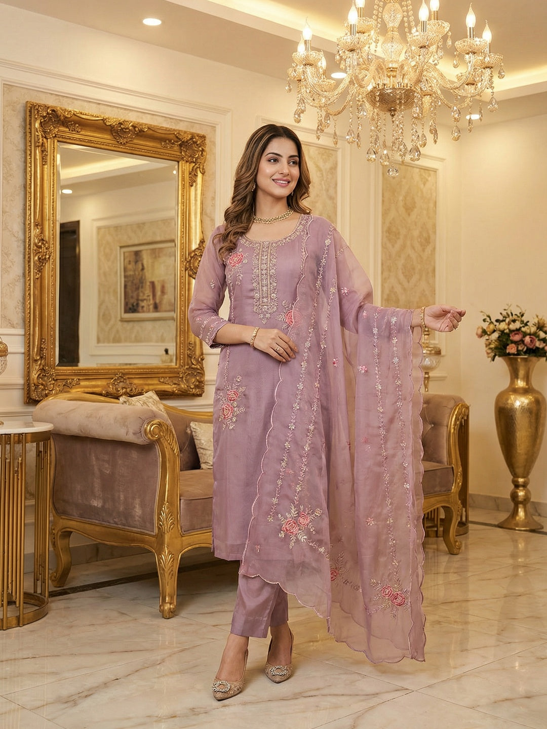 Festive Wear Lavender Floral Embroidered Organza Salwar Suit with Elegant Dupatta - Image 1