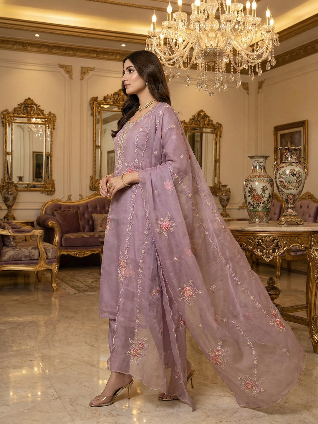 Festive Wear Lavender Floral Embroidered Organza Salwar Suit with Elegant Dupatta - Image 4