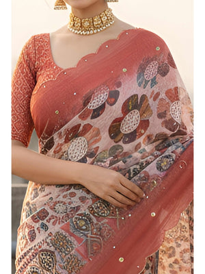 Graceful Offwhite Shimmer Saree Adorned with Floral Print and Delicate Beads Handwork - Image 2