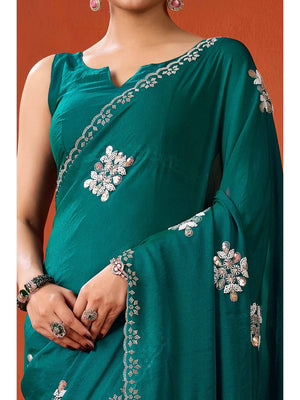 Graceful Teal Green Georgette Silk Saree Adorned with Floral Embellishments - Image 2