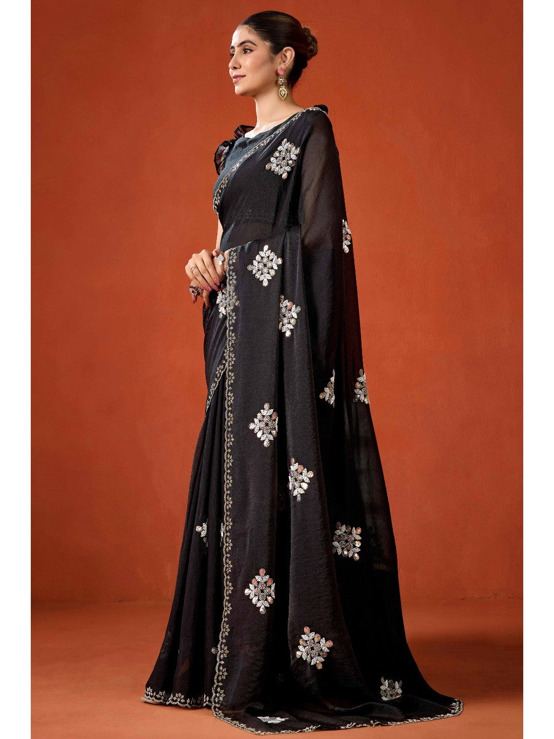 Graceful Black Georgette Silk Saree Adorned with Floral Embellishments - Image 3