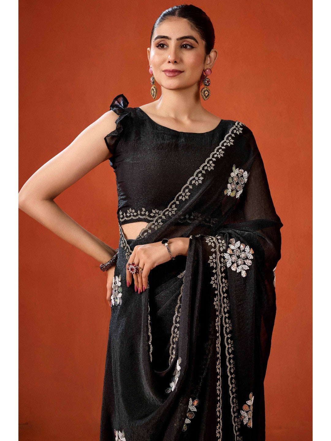 Graceful Black Georgette Silk Saree Adorned with Floral Embellishments - Image 6