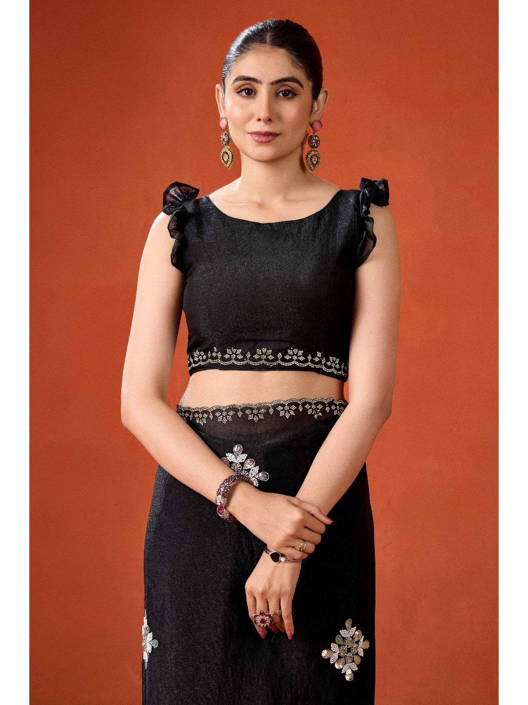 Graceful Black Georgette Silk Saree Adorned with Floral Embellishments - Image 7